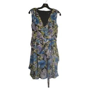 TIANA B Floral Print Sleeveless V Neck Wrap Dress Women's Size 8P Blue Green